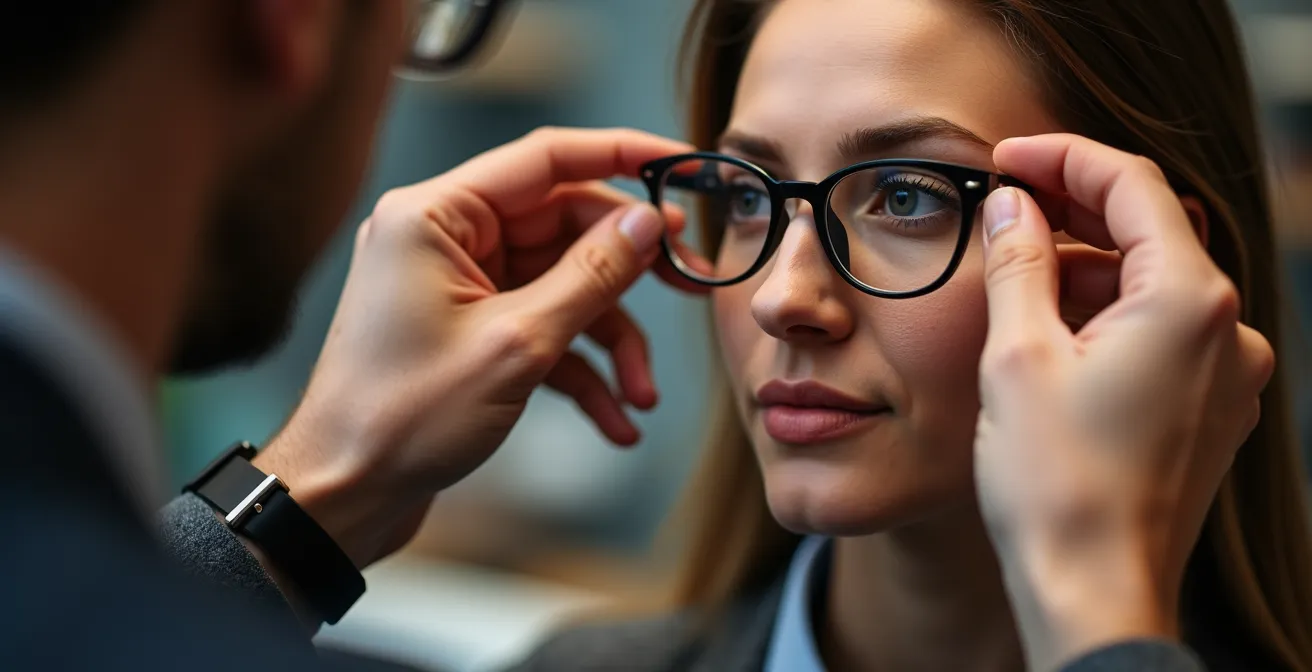 Les mains expertes d'un opticien ajustant délicatement une monture sur le visage du client
