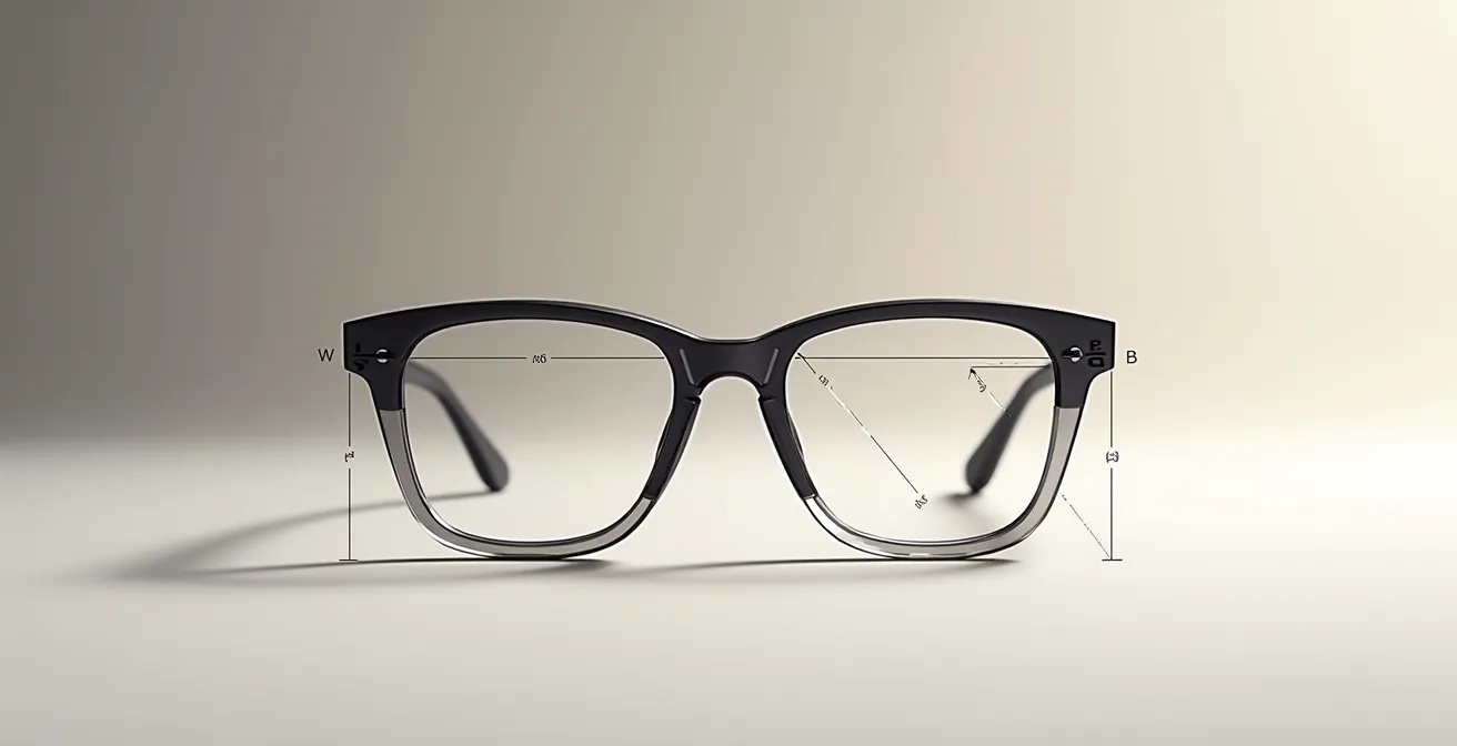 Illustration technique montrant le centrage précis des verres sur une monture asymétrique avec annotation des axes optiques