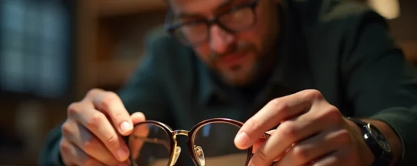 Expertise opticien : mains d'un artisan façonnant avec précision une monture de designer haut de gamme dans un atelier lumineux