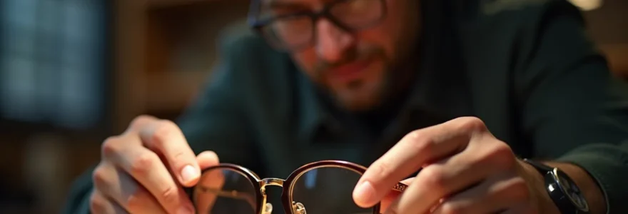 Expertise opticien : mains d'un artisan façonnant avec précision une monture de designer haut de gamme dans un atelier lumineux