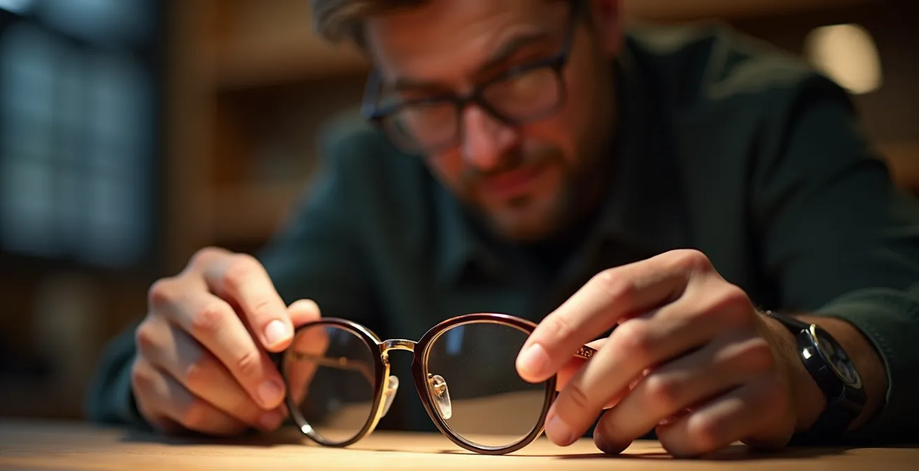 Expertise opticien : mains d'un artisan façonnant avec précision une monture de designer haut de gamme dans un atelier lumineux