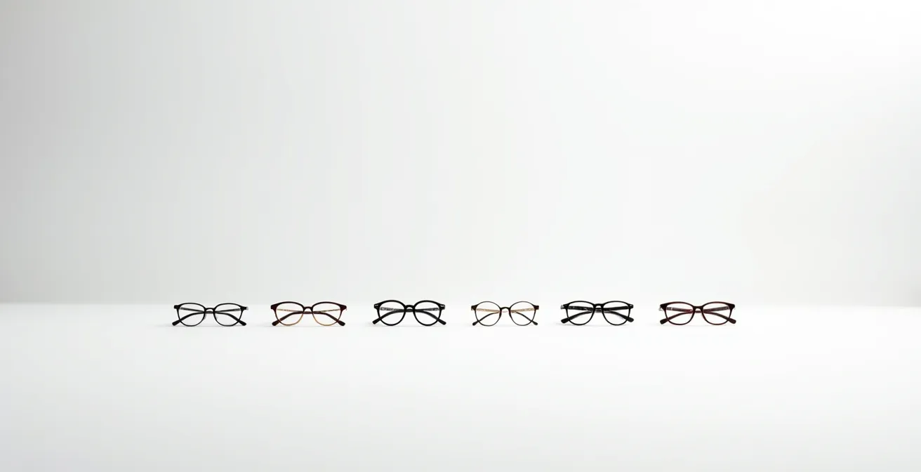 Composition minimaliste montrant l'évolution temporelle de différents styles de lunettes