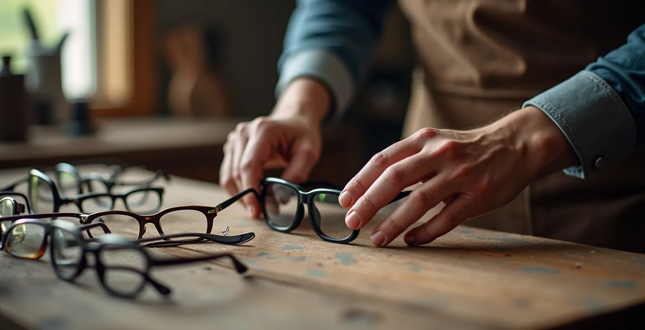 Gros plan sur des mains disposant méticuleusement différentes montures de lunettes sur surface en bois