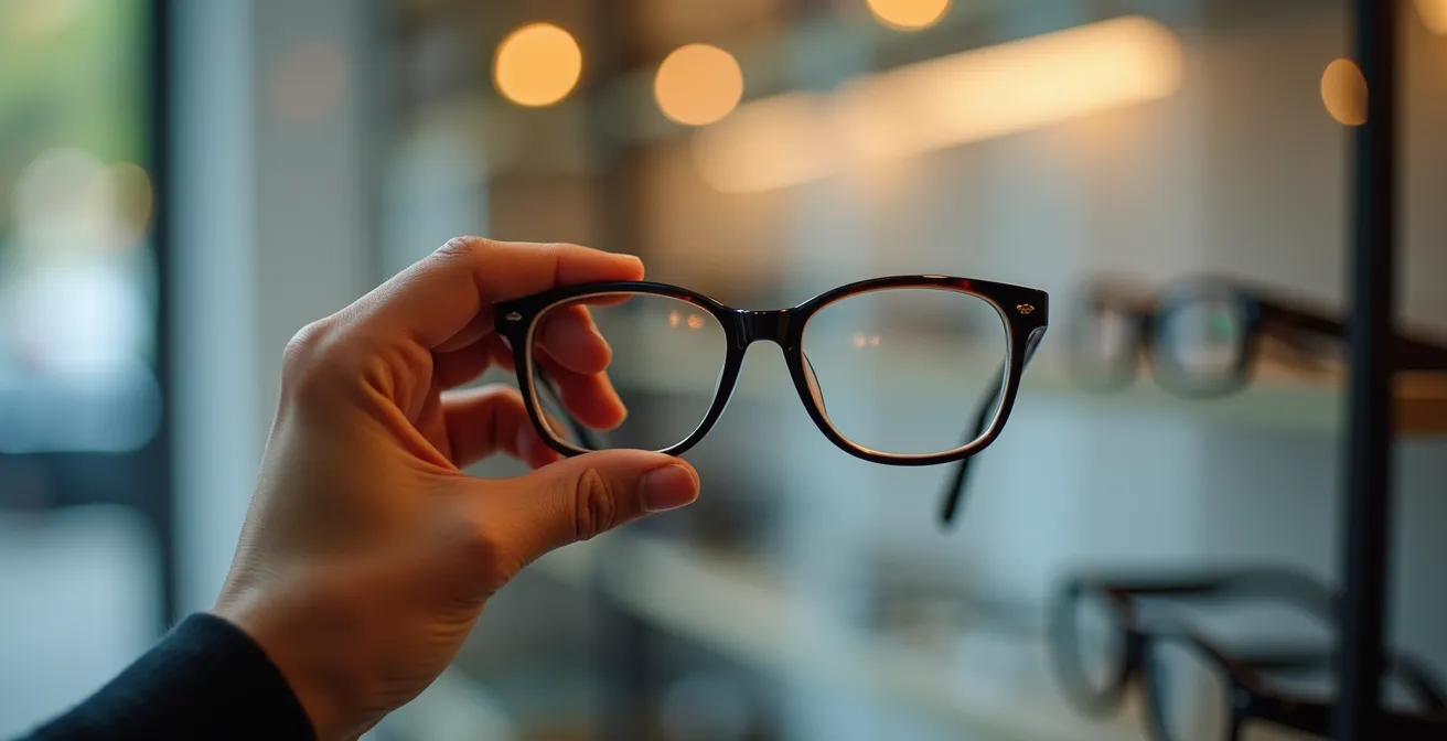 Main tenant délicatement une paire de lunettes devant différentes options floues en arrière-plan