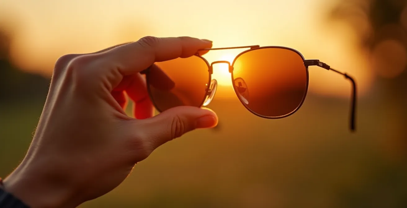 Main tenant des lunettes de soleil de qualité dans une lumière dorée