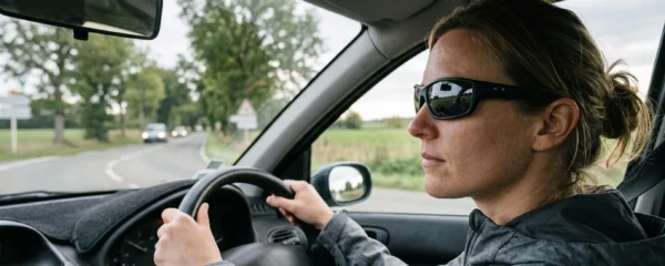 Conducteur portant des lunettes de soleil polarisantes techniques au volant d'un véhicule sur route française