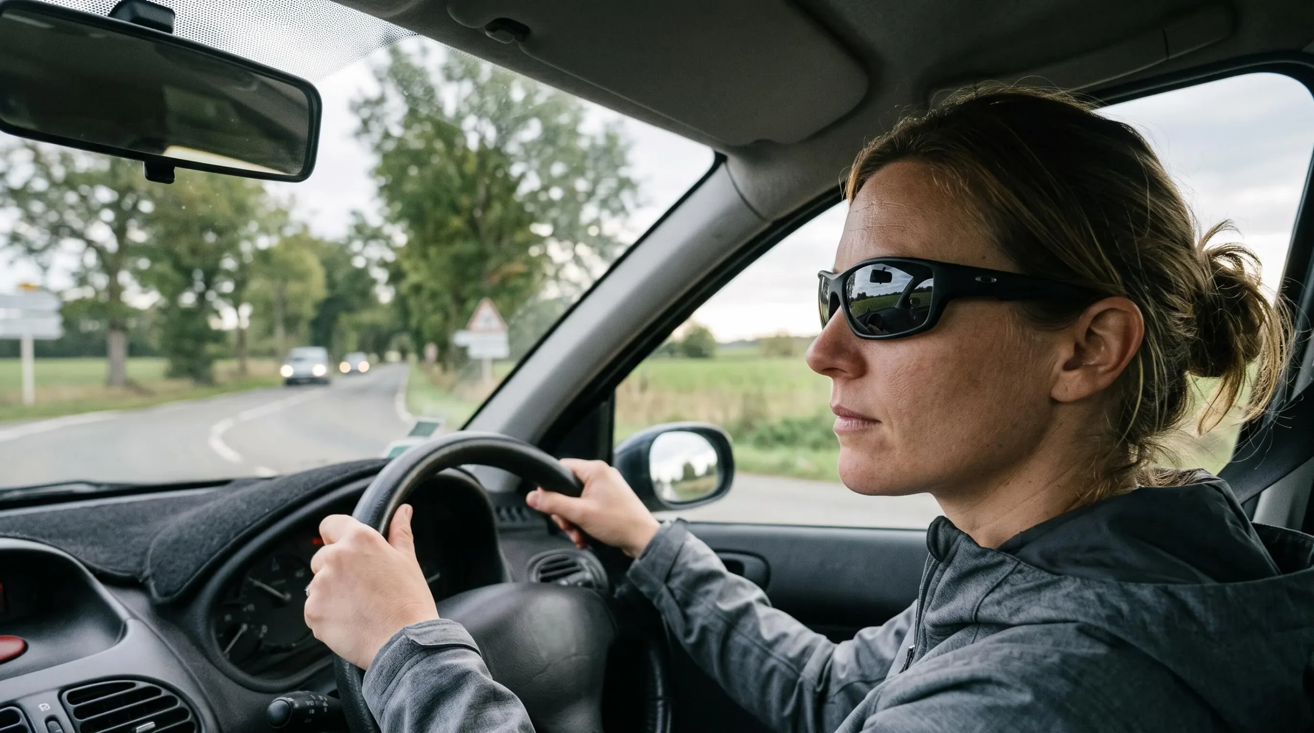 Conducteur portant des lunettes de soleil polarisantes techniques au volant d'un véhicule sur route française
