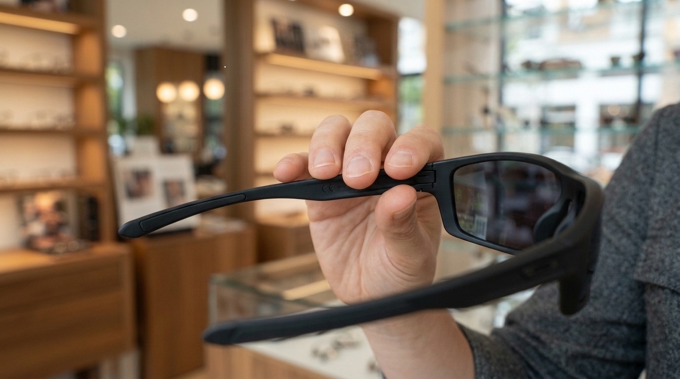 Mains d'opticien tenant des lunettes de soleil techniques montrant le marquage CE et la certification UV 400