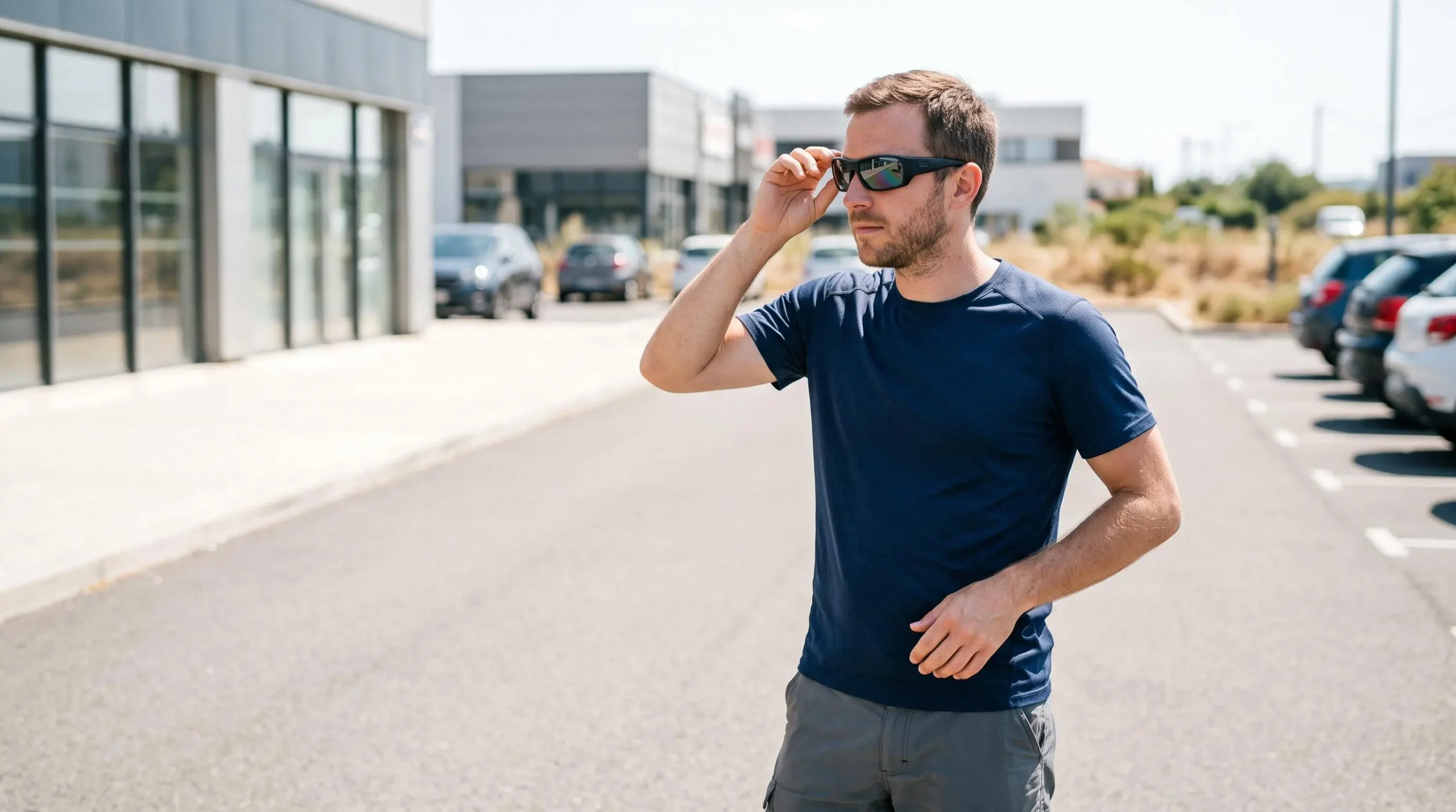 Personne ajustant des lunettes de soleil polarisantes en extérieur sous forte luminosité naturelle